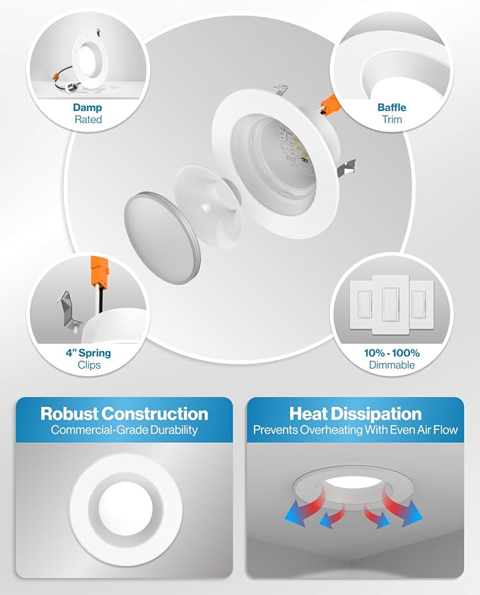 Sunco 4 Inch LED Recessed Lights, Retrofit Can Light for Ceiling, Baffle Trim, 660 LM, 11W (60W Equivalent), 4000K Cool White, Dimmable, Damp Rated ETL 4 Pack.