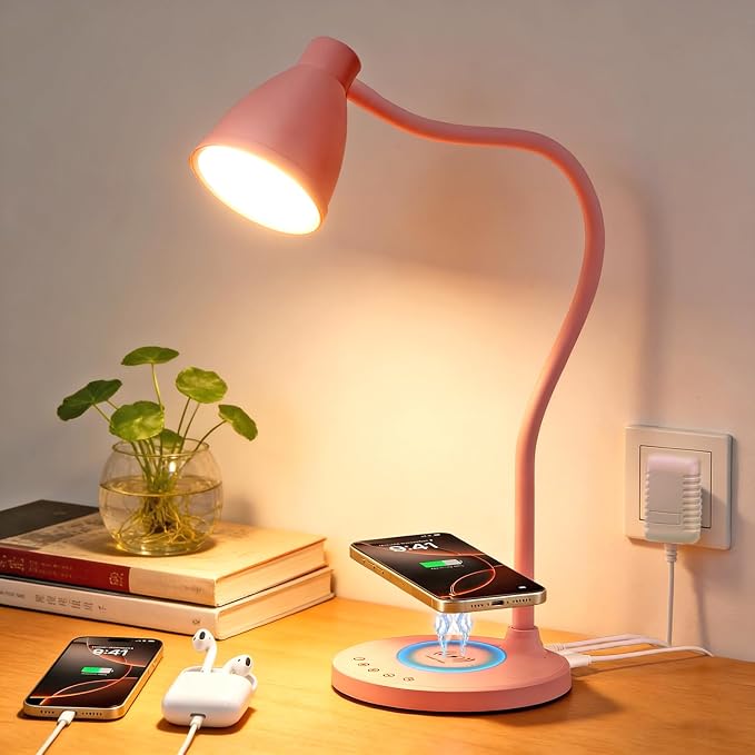 BOHON Cute Desk Lamp for Home Office with USB C+A Charging Port Timer Pink | LED Desk Light with Wireless Charger 5 Colors Stepless Dimming Reading Light Touch Bedside Table Lamp for College Dorm Room