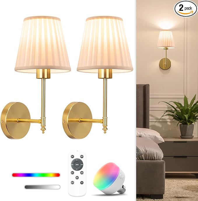 14.5 inch Battery Operated Wall Sconce Set of 2,Beige Gold Rechargeable Wall Lights with 10400mAh Dimmable Bulbs and Remote,10 Colors Wireless Wall Lamps for Bedroom Living Room