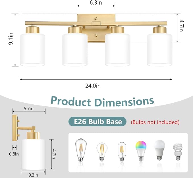 Gold Bathroom Light Fixtures Vanity Lighting Over Mirror | 4-Light Modern Wall Sconces with Milky White Frosted Glass Shades for Restroom (E26 Socket)