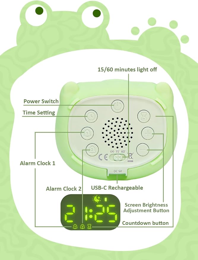 Frog Alarm Clock with Night Light for Kids, Silicone Cute Toddler Wake Clock, Rechargeable 7 Colors RGB & Warm Light, Sleep Companion for Boys Girls