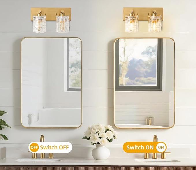 Brushed Gold Crystal Bathroom Vanity Light,2 Lights Modern Bathroom Wall Light,Over Mirror Light Fixtures for Living Room, Bedroom, Hallway