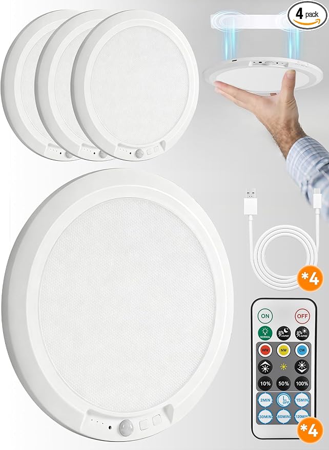 10000mAh Rechargeable Ceiling Light 4 Pack, Battery Operated Motion Sensor Closet Light with Remote, 3 Color Temperatures Dimmable Magnetic Mount for Closet Shower Hallway (4, White)