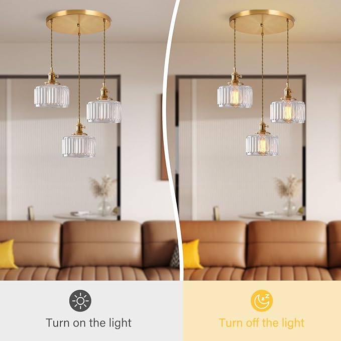 Cluster 3-Light Kitchen Island Chandelier Glass Globe Ceiling Pendant Light Clear Striped Shade Mid Century Modern Chandelier Brushed Gold Hanging Lights Fixture Multi Chandeliers