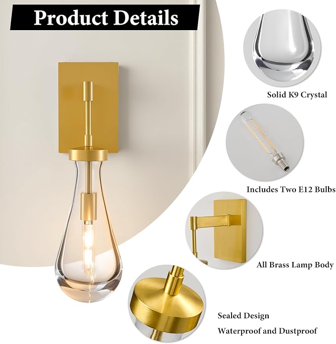Raindrop Brass Crystal Wall Sconce: Set of 2 Gold Bathroom Decor Sconces | Clear Solid Indoor Large Lights with Bulb, Luxury Modern Light Fixture, Dimmable Vanity Lamp for Living Room Bedroom Bedside