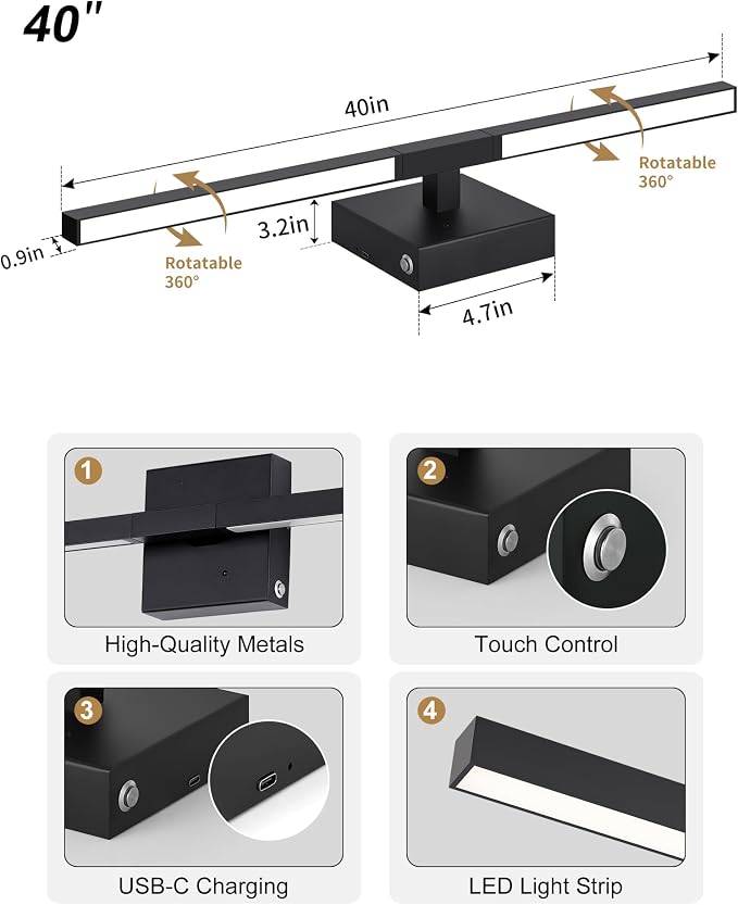 Rayogale Black Battery Operated Wall Sconce with Remote Control 40 Inch | 3000/4500/6000K Dimmable 8000mAh Wireless Rechargeable Wall Sconces Set of Two with Timer for Living Room, Bedroom, TV