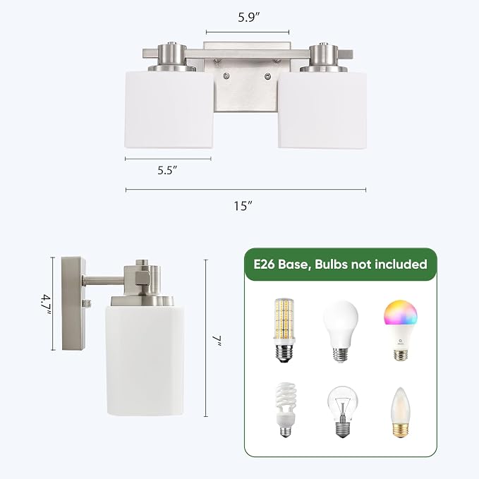 15 Inch Brushed Nickel Vanity Light for Bathroom 2 Light Bathroom Light Fixtures Over Mirror Milk Glass Makeup Shower Lamp Farmhouse Wall Sconce