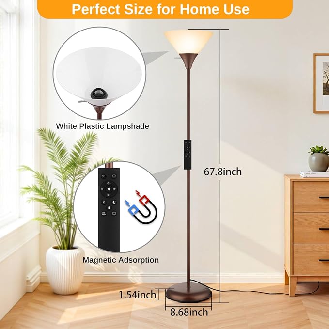 Coucrek Floor Lamp for Living Room, Torchiere Standing Light | Remote Control Stepless Dimmable Brightness & Color Temperature, 9W LED Bulb Included, Tall Lamp for Bedroom, Office, Dorm