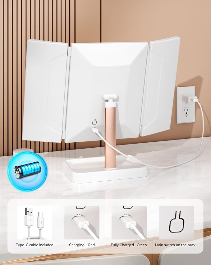 9 x 14 in Trifold Makeup Mirror with Lights, 1X/2X/3X, White | 76 LEDs with three color modes, touch dimming and a 2400mAh rechargeable battery for cordless tabletop use