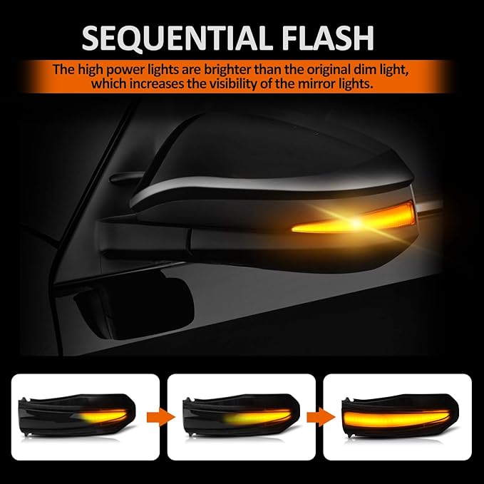 D-Lumina Sequential LED Side Mirror Turn Signal Lights Smoked Lens for 2014-2024 4Runner, 2014-2019 Highlander, 2013-2018 RAV4, 2015-2018 Noah, Dynamic Mirror Marker Light Indicator Lamp, Pack of 2