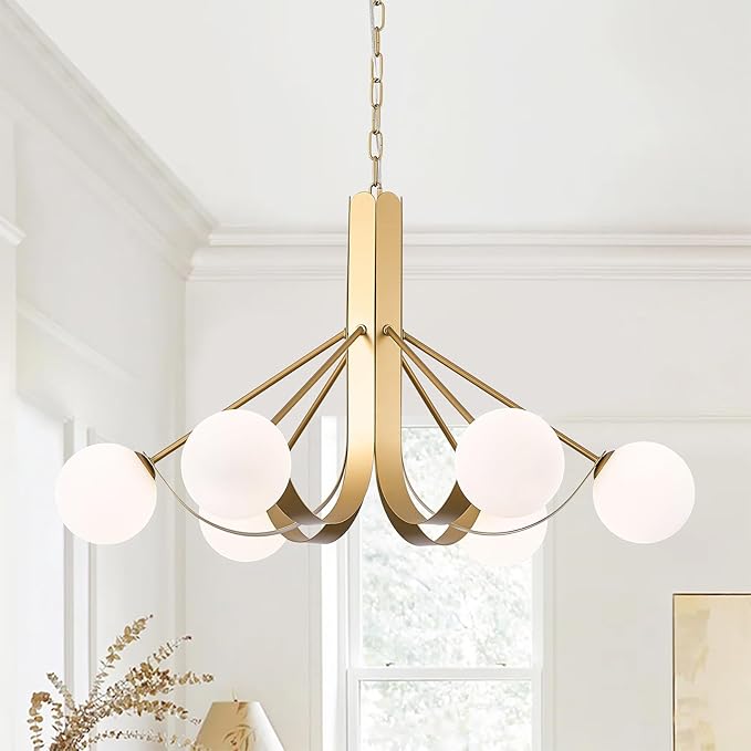 Gold Sputnik Light Fixture Modern Kitchen Chandelier Brassy Gold Bedroom Light Fixtures with Chain 33in Dining Table Light Fixture Mid-Century 6 Light Frosted Glass Chandelier for Living Room Entry