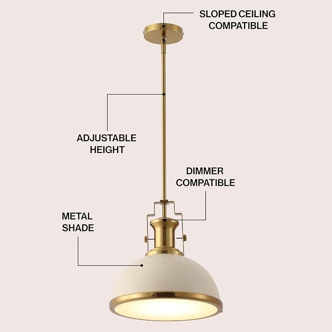 JONATHAN Y Homer Industrial Dome Pendant 13", Almond/Brass Gold | 1-Light, Farmhouse Style, Adjustable Hanging Height, Glass Diffuser, Sloped Ceiling Compatible, Metal, LED Bulb Included