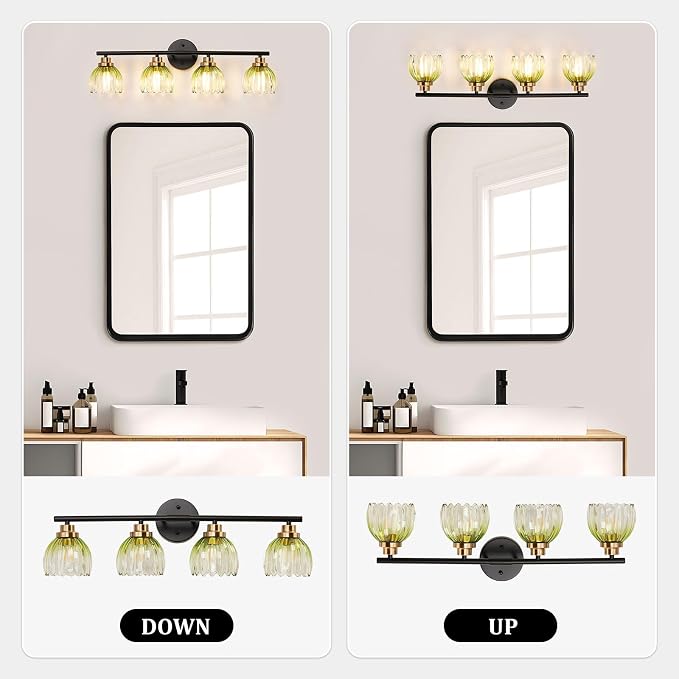 TALOYA Black Gold 4-Light Bathroom Vanity Light with Green Tulip GlassShade | Modern Vanity Lighting Fixtures, Bathroom Lights Over Mirror, Wall Mount Mirror Light Fixtures for Bathroom Hallway Bedroom