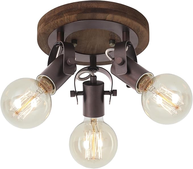 SEEBLEN 3-Light Rustic Track Lighting, Adjustable Flush Mount Ceiling Light with Espresso Wood Base, Dark Bronze Ceiling Track Light for Kitchen Island, Dining Room, Hallway, Entryway