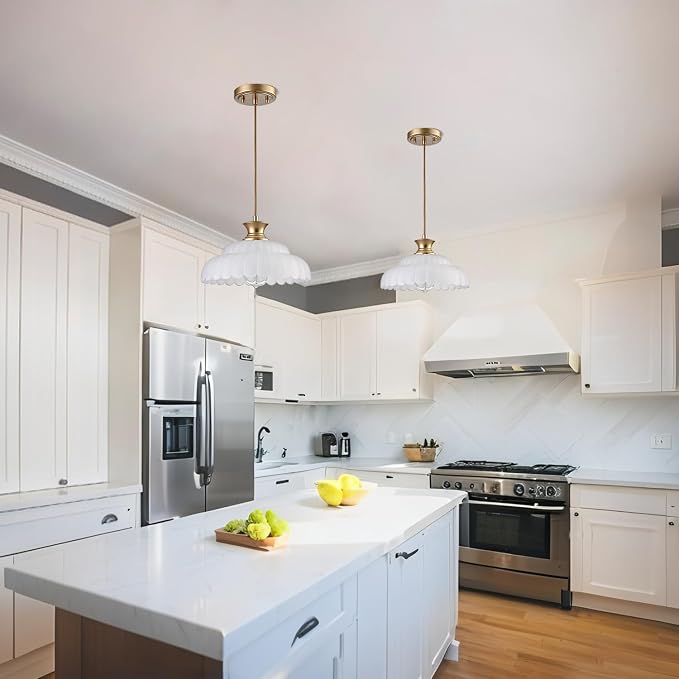 HYDELITE Vintage Frosted Glass Pendant Lights Kitchen Island Lighting | Brass Over Kitchen Sink Adjustable Hanging Pendant for Dining Room Kitchen Entryway