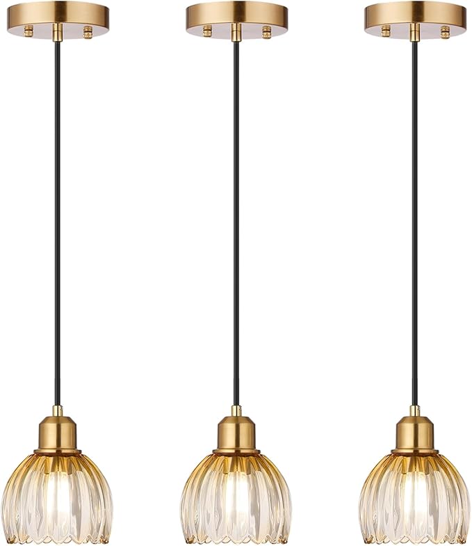 TALOYA 3 Pack Amber with Tulip Glass Pendant Light,Vintage Hanging Light | Adjustable Farmhouse Mini Pendant Lighting Fixture for Kitchen Island, Dining Room, Bedroom, Hallway & Bar Decor