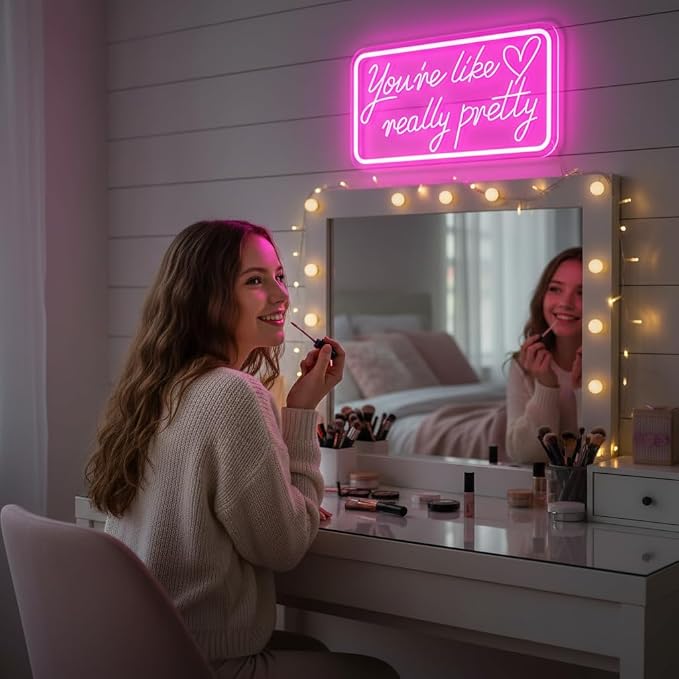 You're Like Really Pretty Neon Sign Pink LED Neon Light for Wall Decor | Dimmable Pink Pretty Neon Sign for Teen Girls Women Beauty Lovers Bedroom Vanity Wedding Party Salon Home Decor, USB Powered