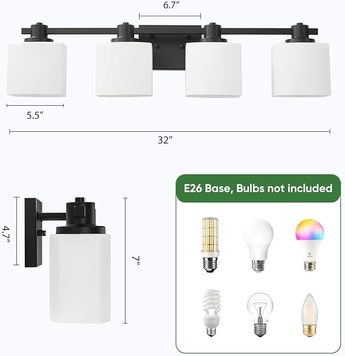 32 Inch Matte Black Bathroom Light Fixtures Over Mirror 4 Light Bathroom Vanity Light Milk Glass Makeup Shower Lamp Small Farmhouse Wall Sconce Modern Desk Vintage Rustic Bath Sink Lighting