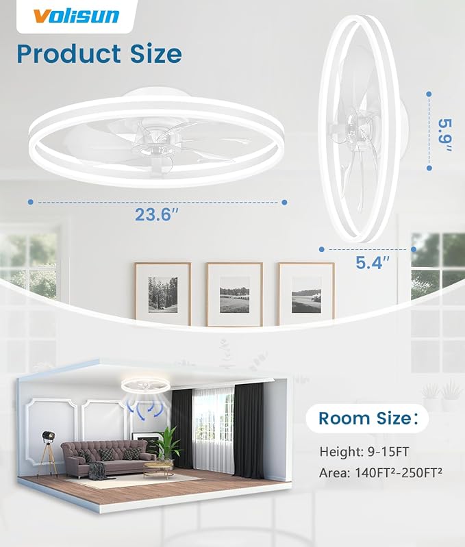 VOLISUN Low Profile Ceiling Fans with Lights and Remote, 24in Flush Mount Ceiling Fans with Light, 3000K-6500K Dimmable Fandelier LED Fan Light, White Bladeless Ceiling Fans with Lights for Bedroom