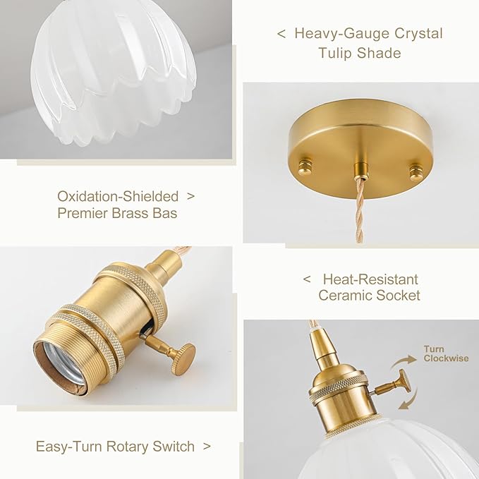 Mini Pendant Lights Kitchen island 2 Pack, Small Adjustable Pendant Light Fixture with Milk White Tulip Glass Lampshade, Vintage Gold Pendant Lighting, Pendant Light for Bedroom Dining Room Hallway