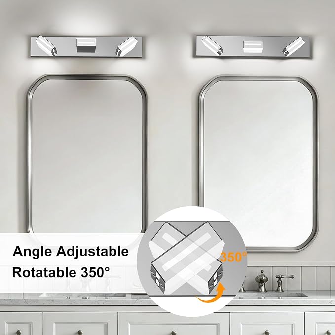 LED Modern Bathroom Light Fixtures, 3-Light 24-Inch Dimmable 5CCT Adjustable Chrome Vanity Lights for Bathroom Lighting Fixtures Over Mirror, 350° Rotatable Wall Lamp