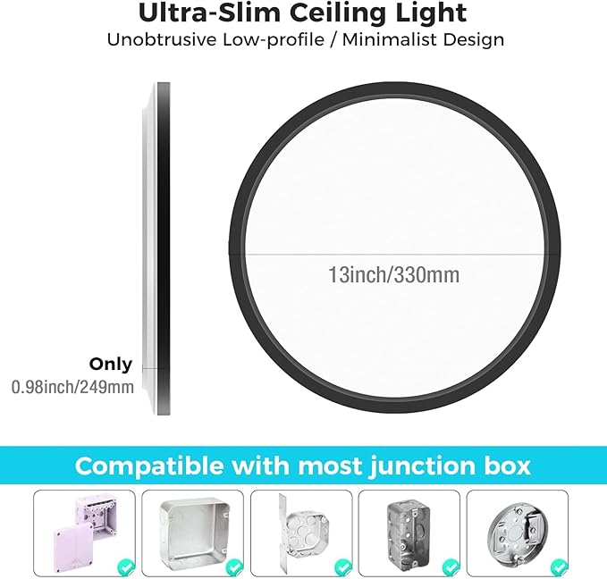 libtit 13 Inch Black Flush Mount Ceiling Light,6 Pack 3200LM 28W Ultra-Slim LED Ceiling Light,3000K/4500K/6000K Selectable Low-Profile Ceiling Light Fixture for Bedroom, Kitchen, Hallway, Workshop
