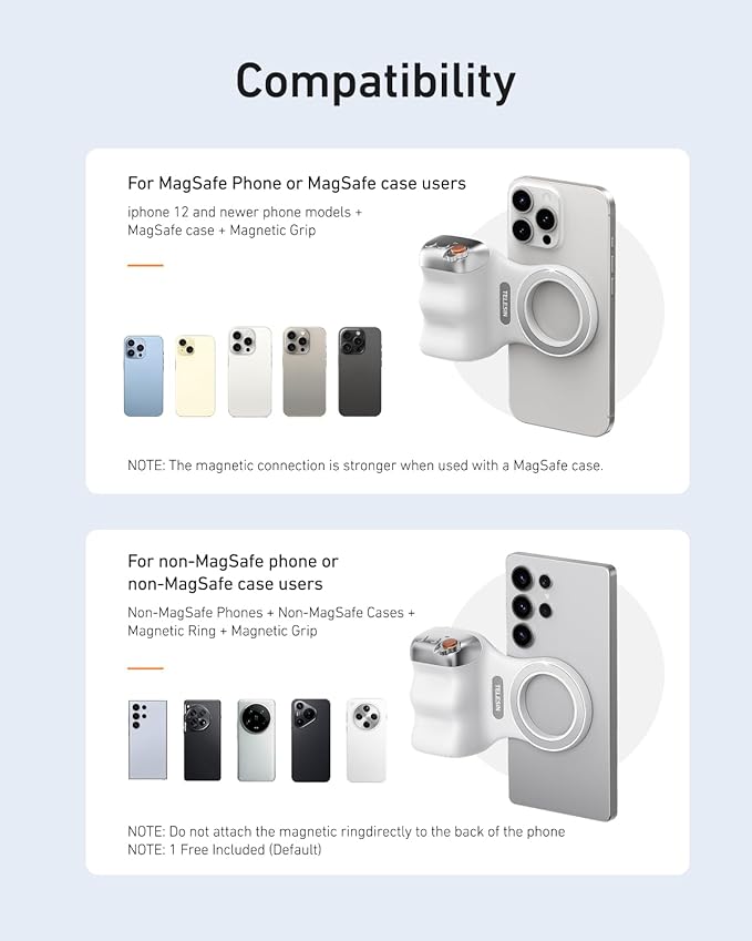 TELESIN Magnetic Phone Camera Grip for iPhone/Android Fun Shot with Detachable Wireless Shutter Remote - Official Certification - 1/4" Tripod Screw - Comfort Ergonomic Camera Grip Handle Holder