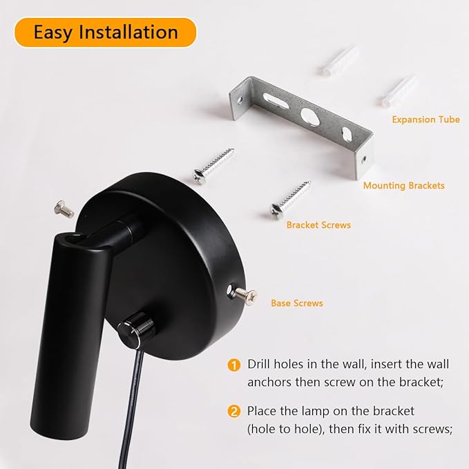 Surface Wall Mounted Reading Light Sconces Lamp Physical Knob Dimmer Switch LED 5W Warm White 3000K (Black Plug Cord)