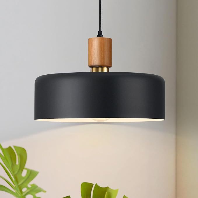 13.8" Black Pendant Light, Walnut Oak Wood & Brass Metal Drum Shade | Walnut Oak Wood & Brass Metal Drum Shade Pendant Light