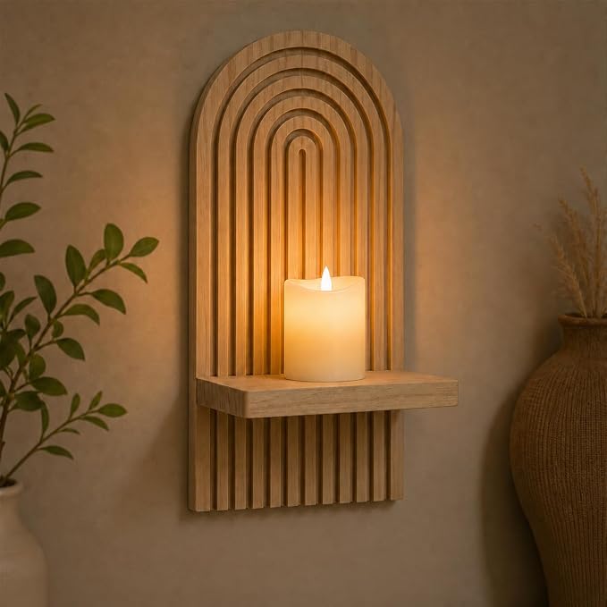 Wall Candle Holder Set of 2, Boho Wall Decor, Arch Candle Sconces, Natural | Natural-tone boho wood wall decor for living room, bedroom, hallway, and entryway, with shelves for lightweight accents.