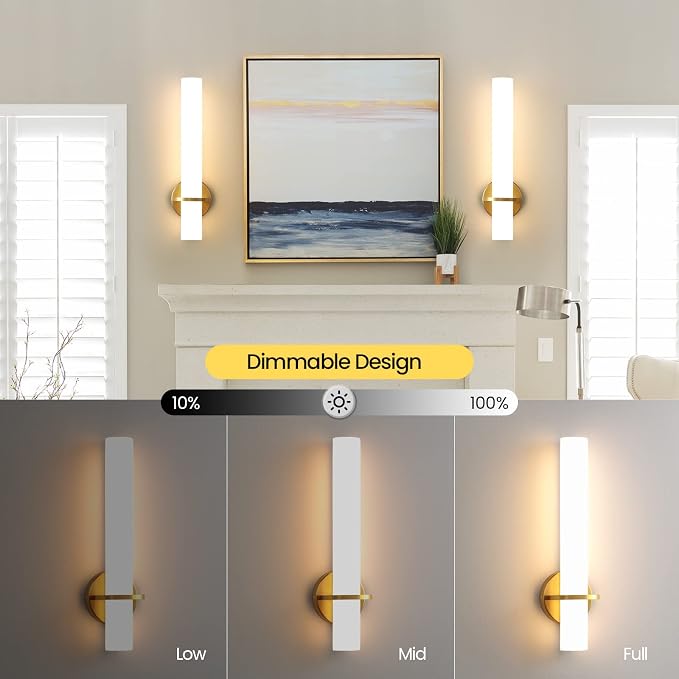 Hardwired Wall Sconces Set of Two 18 Inch Gold Bathroom Wall Sconces 18W 2700K-5000K LED Dimmable Modern Wall Lights with Acrylic Lampshade Brushed Gold Sconces for Bedroom Living Room Hallway