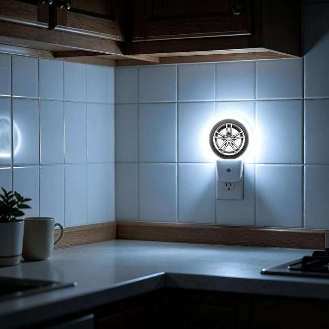 Night Lights Plug into Wall Wheel Night Light Energy Saving LED | Car Wheel Black Tyre Cool Plug in Night Lights for Wall Socket with Dusk-to-Dawn Sensor for Bedroom, Bathroom and Living Room