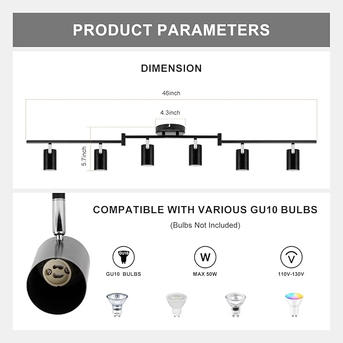 6-Light Track Lighting Fixtures Ceiling, GU10 Black Led Ceiling Spotlight, Modern Track Light Kit for Kitchen Hallway Bedroom Living Room