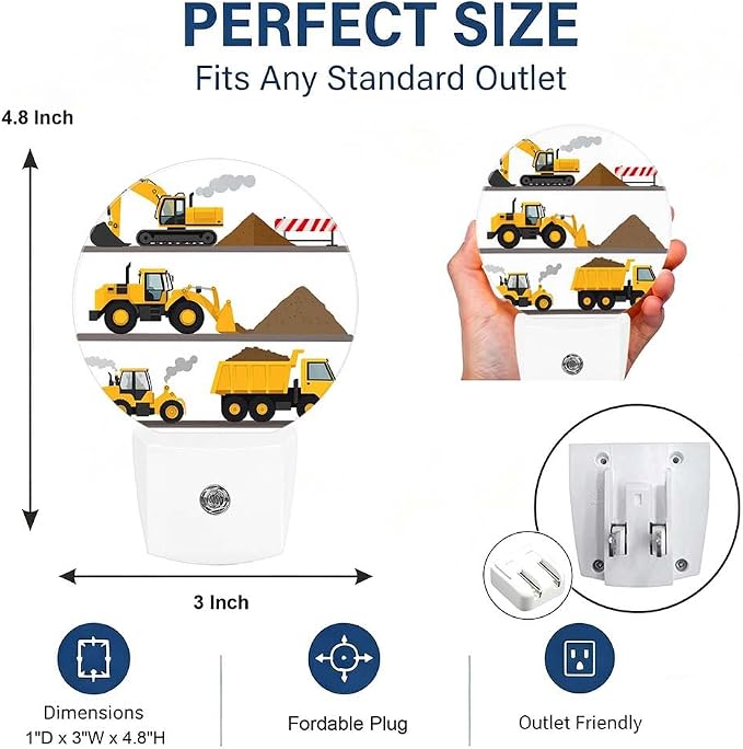 Nightlight Construction Yellow Cartoon Plug-in Night Lights Dusk to Dawn | Excavator Digger Night Light LED Round Lamp with Auto on/off Sensor for Kitchen Hallway Bedroom Bathroom