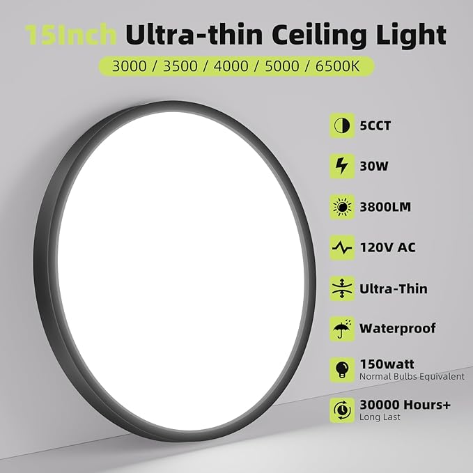 hepside LED Flush Mount Ceiling Light, 15Inch 30W LED Ceiling Lights Fixture,5 Color Temperatures in One,Ultra-Thin Flush Mount Light Fixture for Closet Bathroom Hallway Bedroom Laundry
