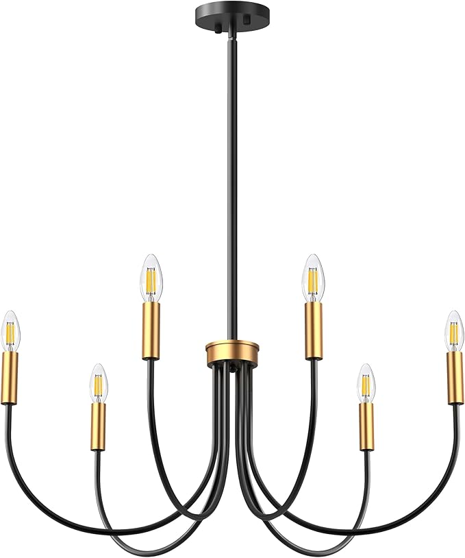 Dining Room Chandelier, ropelux 6-Light Black & Gold Farmhouse Light Fixtures Over Table, Hanging Height Adjustable Kitchen Island Lighting with E12 Base (Bulb not Included) for Foyer Bedroom Entryway