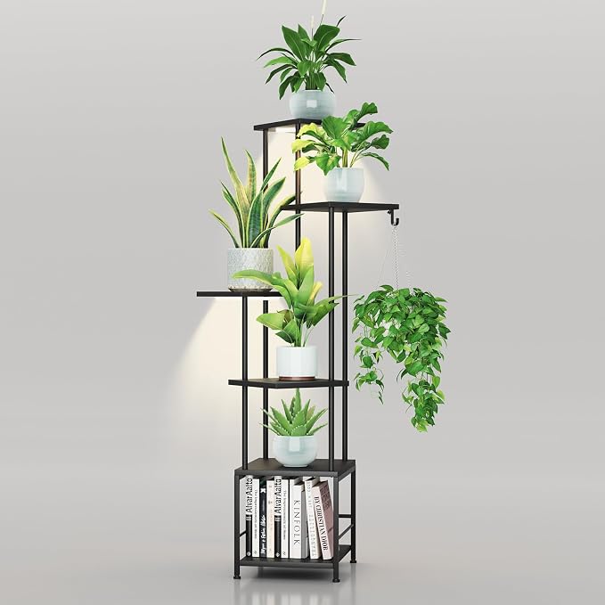 Plant Stand Indoor with Grow Light - 6-Tier Metal Plant Shelf with Hanging Basket Hook, Corner Tall Flower Holder for Multiple Plants, Living Room Balcony Garden Patio, Black