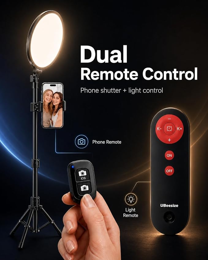 UBeesize 10" Ring Light with 62" Tripod Stand, Phone Holder and Remote | Dimmable Full-Screen, LED Selfie Light Kit, Adjustable Stand for Video Recording, Makeup, Live Streaming, 2H/4H/8H timer