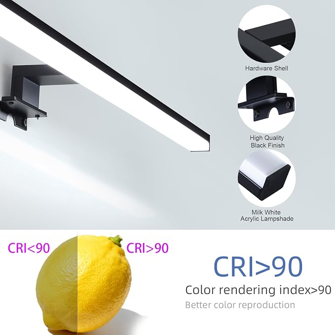 15" Plug in Bathroom Light Fixtures,Vanity Lights Bar,Picture Light | Modern Black,Non-Dimmable,6700K,with Switch,LED,Over Mirror,Wall Lights,Make up light,for Bedroom/Art/Poster/Cabinet