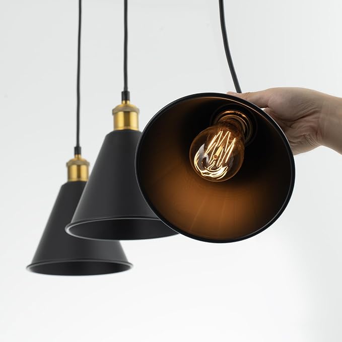mirrea H-Type Matte Black Track Lighting Pendant with E26 Socket, Black Cone Shade, Industrial Style Adjustable Hanging Fixture for Kitchen, Dining, Bar Lighting, Pack of 3