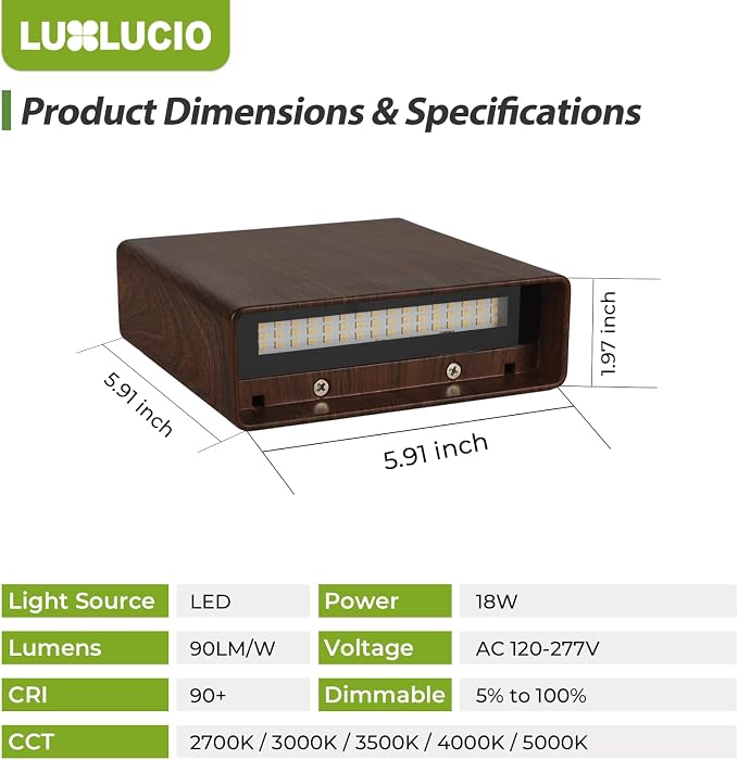 2 Pack Indoor Outdoor Walnut Wood Grain Up and Down LED Wall Light, Modern Bedroom/Porch Wall Lamp, IP65 Waterproof, 5%-100% Dimmable 18W 1620lm, 5CCT (2700K-5000K), CRI 90+, 120V-277V