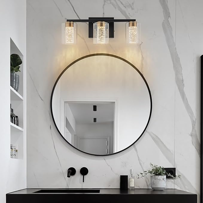 SineRise 3-Light Black and Gold Vanity Light with 3 Color Modes (3000K/4000K/6000K), Eye Protection LED Bathroom Light Fixture, Dimmable Modern Wall Light Over Mirror with Clear Glass Shade