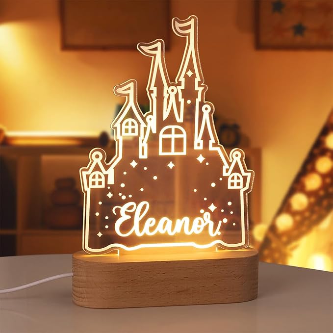 Custom Cartoon Castle Night Light for Kids, Personalized Name Led Light with Wooden Base Nursery Decor