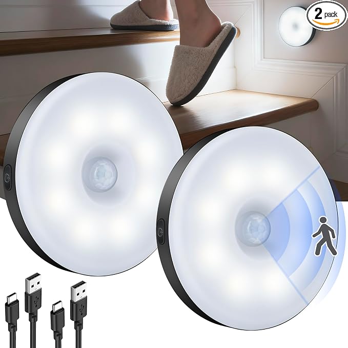 DWEPTU Motion Sensor Night Light 2 Pack LED Night Lights, Dusk to Dawn Motion Sensor for Bedroom, Bathroom, Toilet, Stairs, Kitchen, Hallway | LED Puck Lights, 3 Modes and Dimmable | Stick-On Lights for Bedroom, Kitchen, Cruise Ship