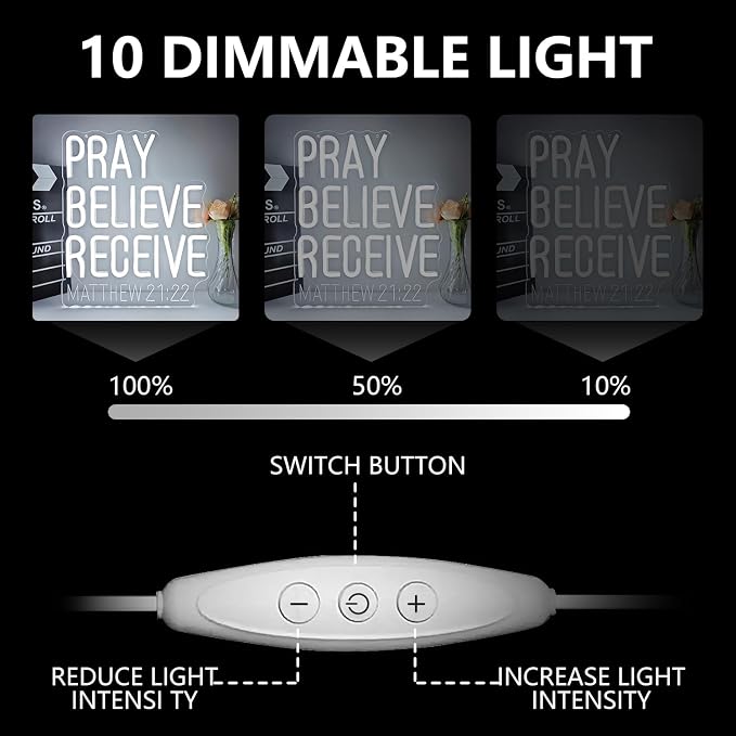 Pray Believe Receive Neon Sign for Wall Decor Matthew 21.22 Led Sign Religious Neon Light Dimmable Christian Light Up Signs for God Inspiration Faith Church Bible Verse Wall Art Bedroom Party Gift