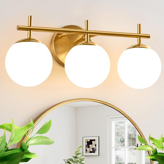 3-Light Bathroom Light Fixtures, Brushed Gold Vanity Lights for Bathroom with Milky White Glass Globe Shade, 19.3 inch Bathroom Lighting Fixtures Over Mirror, Wall Sconce for Bedroom(Bulb Not Included