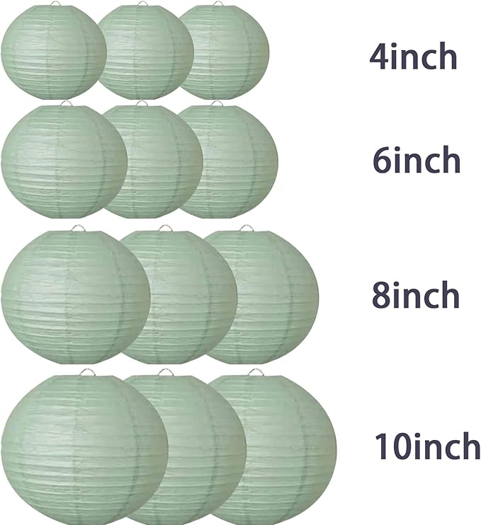 Dusty Sage Green Paper Lanterns Decorative Hanging Lanterns - Soft Matte Wedding Party Décor, Indoor Outdoor Boho Home Decoration (Size of 4”, 6”, 8”, 10”,12pc Set)