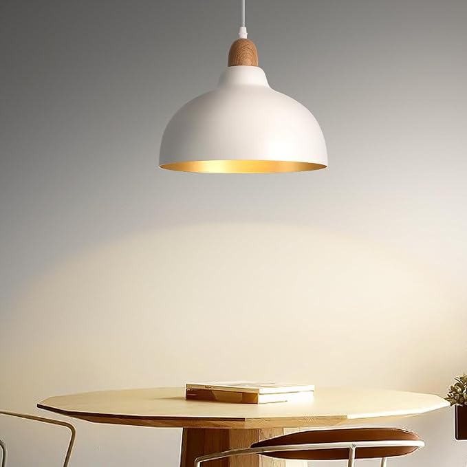 11.8" White Morden Pendant Light Kitchen Island Dome Pendant Light Fixtures, Farmhouse White and Wood Hanging Pendant Lights Kitchen Island, Dome Chandelier for Kitchen Island Dining Room