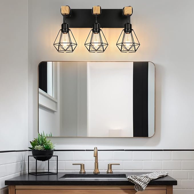 foucasal 3-Light Farmhouse Vanity Lights, Rustic Wood Bathroom Light | Black Metal Cage & Wood Vanity Light Fixtures Over Mirror, Wall Sconce Lighting for Bathroom Bedroom Hallway Living Room