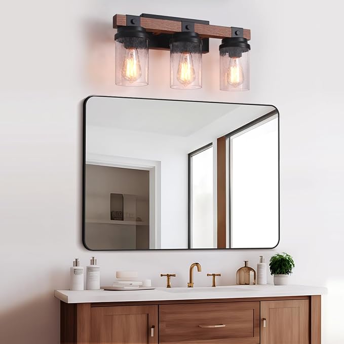 3-Light Farmhouse Vanity Lights Bathroom Lighting Fixtures Over Mirror | Faux Wood Rustic Wall Mount Light with Clear Seeded Glass Shade,Industrial Black Metal Wall Sconces for Bathroom Living Room